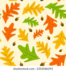 Vector colorful seamless autumn pattern with autumn oak leaves and acorns. Autumn background for fabrics, paper, textile, gift wrap, banners or web design. Vector foliage repeating print.
