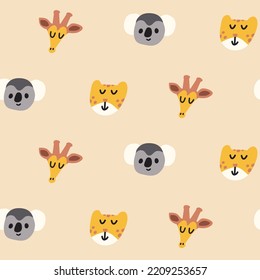 Vector colorful seamless baby pattern, print with different cartoon leopard, cheetah, giraffe and koala heads for children, kids clothes, wear, apparel