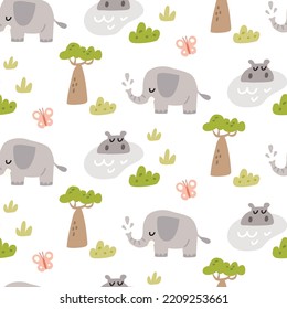 Vector Colorful Seamless Baby Pattern, Print With Cartoon Elephant, Hippopotamus, Hippo And Baobab For Children, Kids Clothes, Wear, Apparel