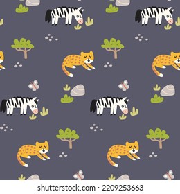 Vector colorful seamless baby pattern, print with cartoon savannah landscape, zebra, elephant, sheep and rabbit for children, kids clothes, wear, apparel