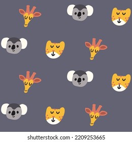 Vector colorful seamless baby pattern, print with different cartoon leopard, cheetah, giraffe and koala heads for children, kids clothes, wear, apparel