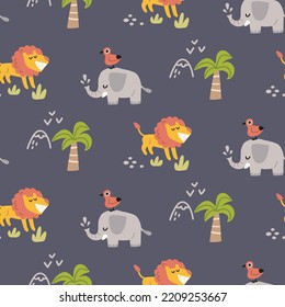 Vector colorful seamless baby pattern, print with cartoon savanna landscape, lion, elephant, palm trees for children, kids clothes, wear, apparel