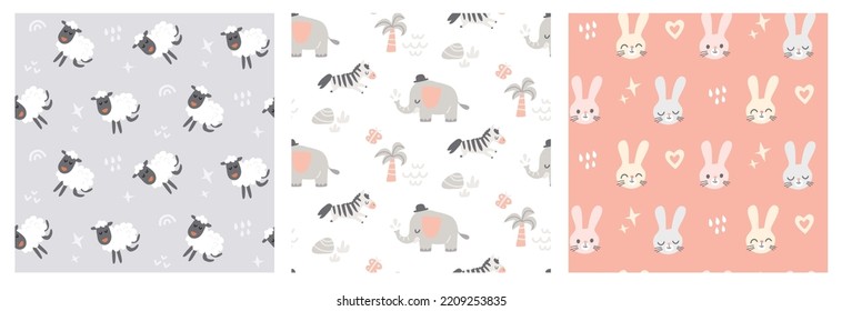 Vector colorful seamless baby pattern, print with cartoon zebra, elephant, sheep and rabbit for children, kid's clothes, wear, apparel