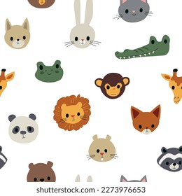 Vector colorful seamless baby pattern, print with different cartoon animals heads leon, monkey, giraffe and koala for children, kids clothes, wear, apparel