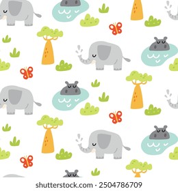 Vector colorful seamless baby pattern, print with cartoon elephant, hippopotamus, hippo and baobab for children, kids clothes, wear, apparel