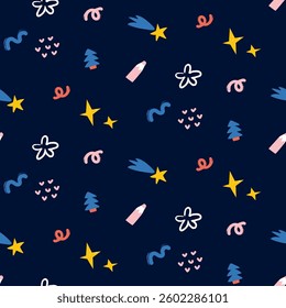 Vector colorful seamless baby pattern  on black background, print with different abstract cartoon characters, tree, star,  comets, meteorites, christmas tree for children, kids clothes, wear, apparel