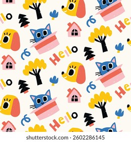 Vector colorful seamless baby pattern, print with different cartoon animals heads dogs, cats, trees, comets, meteorites for children, kids clothes, wear, apparel