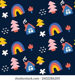 Vector colorful seamless baby pattern on black background, print with different cartoon characters, tree,  house, star,  rainbow, christmas tree for children, kids clothes, wear, apparel