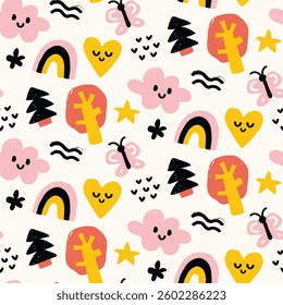 Vector colorful seamless baby pattern, print with different cartoon characters, tree, cloud, hart, butterfly, star,  rainbow, christmas tree for children, kids clothes, wear, apparel