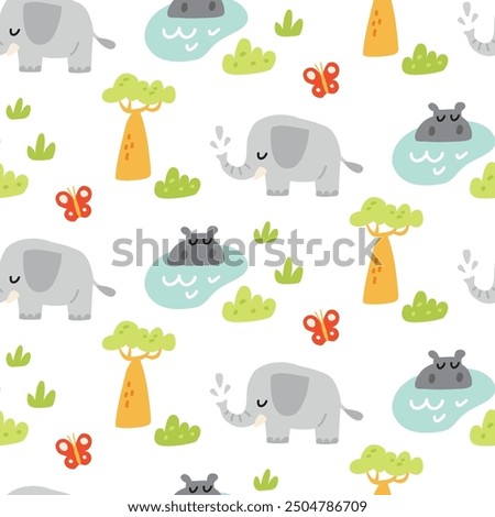 Vector colorful seamless baby pattern, print with cartoon elephant, hippopotamus, hippo and baobab for children, kids clothes, wear, apparel
