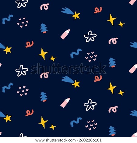 Vector colorful seamless baby pattern  on black background, print with different abstract cartoon characters, tree, star,  comets, meteorites, christmas tree for children, kids clothes, wear, apparel