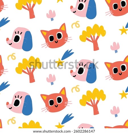 Vector colorful seamless baby pattern, print with different cartoon animals heads dogs, cats, trees, comets, meteorites for children, kids clothes, wear, apparel