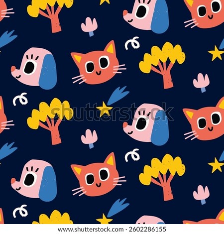 Vector colorful seamless baby pattern on black background, print with different cartoon animals heads dogs, cats, trees, comets, meteorites for children, kids clothes, wear, apparel