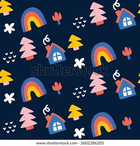 Vector colorful seamless baby pattern on black background, print with different cartoon characters, tree,  house, star,  rainbow, christmas tree for children, kids clothes, wear, apparel
