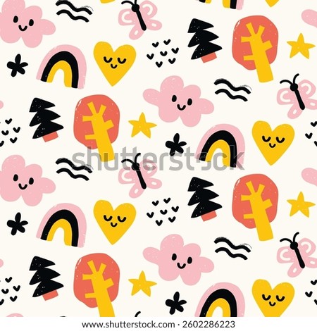 Vector colorful seamless baby pattern, print with different cartoon characters, tree, cloud, hart, butterfly, star,  rainbow, christmas tree for children, kids clothes, wear, apparel