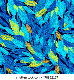 Vector colorful seamless background with blue leaves. Modern illustration. Can be used for wallpaper, pattern fills, web page, surface textures, textile print, wrapping paper.