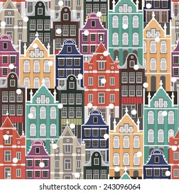 Vector colorful seamless vector background with holland national houses and snow