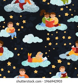 Vector colorful seamless background with illustrations of cute children who read books. Reading bedtime stories. Use as elements for design greeting card, poster, banner, Social Media post, brochure