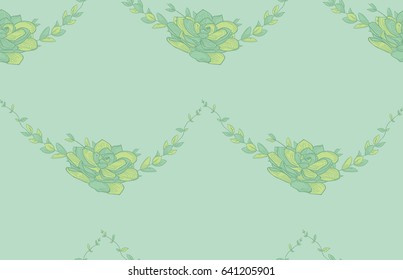 Vector Colorful Seamless Background Pattern with Drawn Flowers, Lotus, Succulent. Doodle Style Greenery, Lush Foliage, Foliate. Vector Illustration. Pattern Swatch