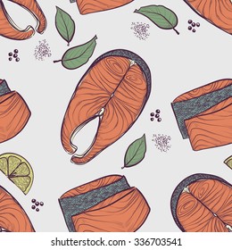 vector colorful seamless background with raw  salmon steaks and spices