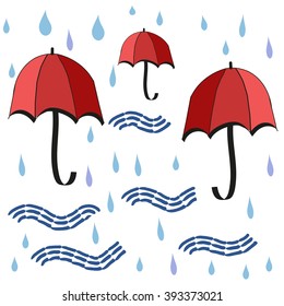 vector colorful seamless background with red umbrellas and rainy drops