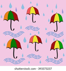 vector colorful seamless background with  umbrellas and rainy drops