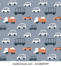 Vector colorful seamless childish style baby pattern, print with different cars, vehicles, vehicle for children, kids clothes, wear, apparel