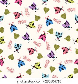 Vector colorful Seamless Cute background with ladybugs and leaves- Illustration