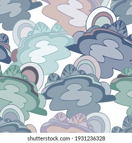 Vector colorful seamless design of abstract landscape with trees in cold pastel blue tones. Lined illustration on white background. Perfect for cards, postcards, advertisements, stickers, badges.
