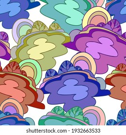 Diseño vectorial, colorido y transparente, de paisaje abstracto con árboles en tonos vivos. Ilustración alineada sobre fondo blanco. Perfecto para tarjetas, postales, anuncios, pegatinas, insignias.