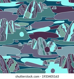 Vector colorful seamless design of abstract landscape with trees in cold pastel blue tones. Lined illustration on white background. Perfect for cards, postcards, advertisements, stickers, badges.
