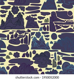 Diseño de paisaje abstracto, colorido y sin fisuras, con árboles y colinas en tonos azules. Ilustración alineada sobre fondo blanco. Perfecto para tarjetas, postales, anuncios, pegatinas, insignias.