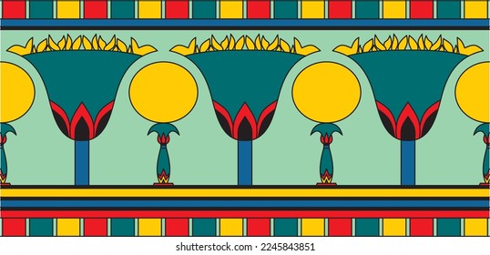 Vector colorful seamless Egyptian border. Endless ornament of Ancient Africa. Pattern of lotus flowers and sun.
