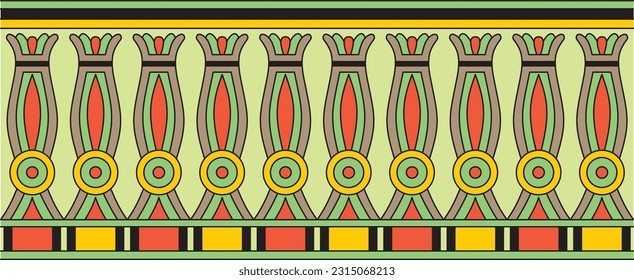 Vector colorful seamless Egyptian border. Endless ornament of Ancient Africa. Pattern of lotus flowers and sun.

