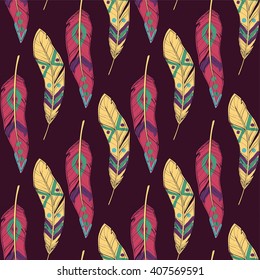 Vector colorful seamless ethnic pattern with decorative feathers. Boho style.