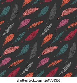 Vector colorful  seamless feather pattern in sketch style. Hand drawing plumage endless texture