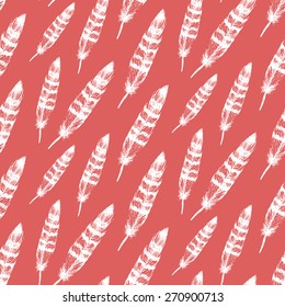 Vector colorful  seamless feather pattern in sketch style. Hand drawing plumage endless texture