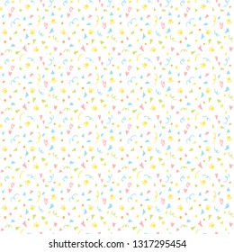 Vector colorful seamless festive pattern with confetti, stars and paw prints