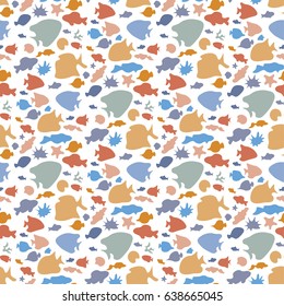 Vector colorful seamless fish pattern. Various bright sea fish silhouettes on white background. Boundless background of underwater sea life.