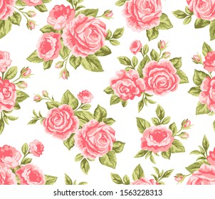 Vector colorful seamless floral pattern with pink roses and peonies flowers on white background 