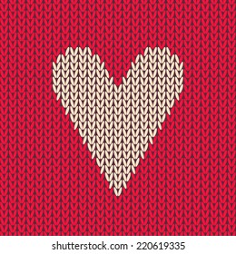 Vector colorful seamless knitting wool pattern with heart. Needlework knit texture background. Ornamental knitted love backdrop. Happy Valentines Day.