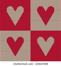 Vector colorful seamless knitting wool pattern with heart. Needlework knit texture background. Ornamental knitted love backdrop. Happy Valentines Day.