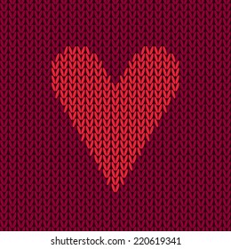 Vector colorful seamless knitting wool pattern with heart. Needlework knit texture background. Ornamental knitted love backdrop. Happy Valentines Day.