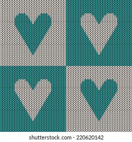 Vector colorful seamless knitting wool pattern with set heart. Needlework knit texture background. Ornamental knitted love backdrop. Happy Valentines Day.