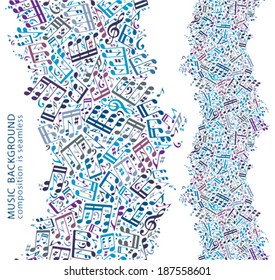 Vector colorful seamless music composition, bright vertical canvas with musical notes and treble clefs on white background. 