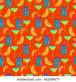 Vector colorful seamless pattern with  alcoholic cocktails sketch. Abstract hand drawn drinks background for bar or restaurant menu.
