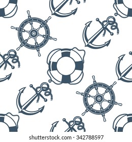 vector colorful seamless pattern with anchors, wheels and life buoys, editable background, sailing wallpaper