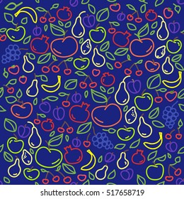 Vector colorful seamless pattern with apple, banana, cherry, plum, lemon