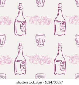 Vector colorful seamless pattern with apples on a branch, bottles and glasses. Perfect for wallpapers, surface textures, textile, wrapping papers and more creative designs. Hand-drawn illustration.