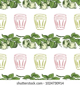 Vector colorful seamless pattern with apples on a branch and glasses. Perfect for wallpapers, surface textures, textile, wrapping papers and more creative designs. Colorful Hand-drawn illustration.